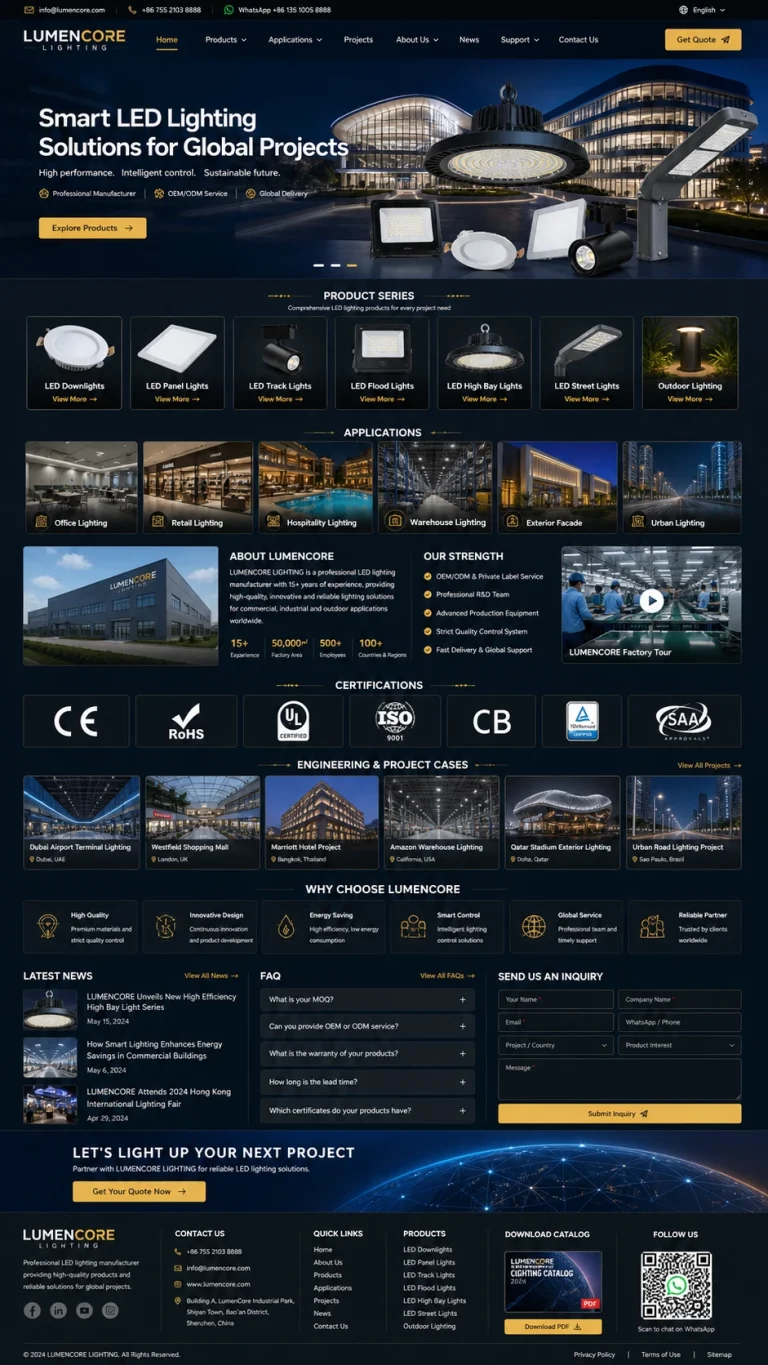 LED 灯具  照明出口。 网站定位为外贸 B2B 官网。